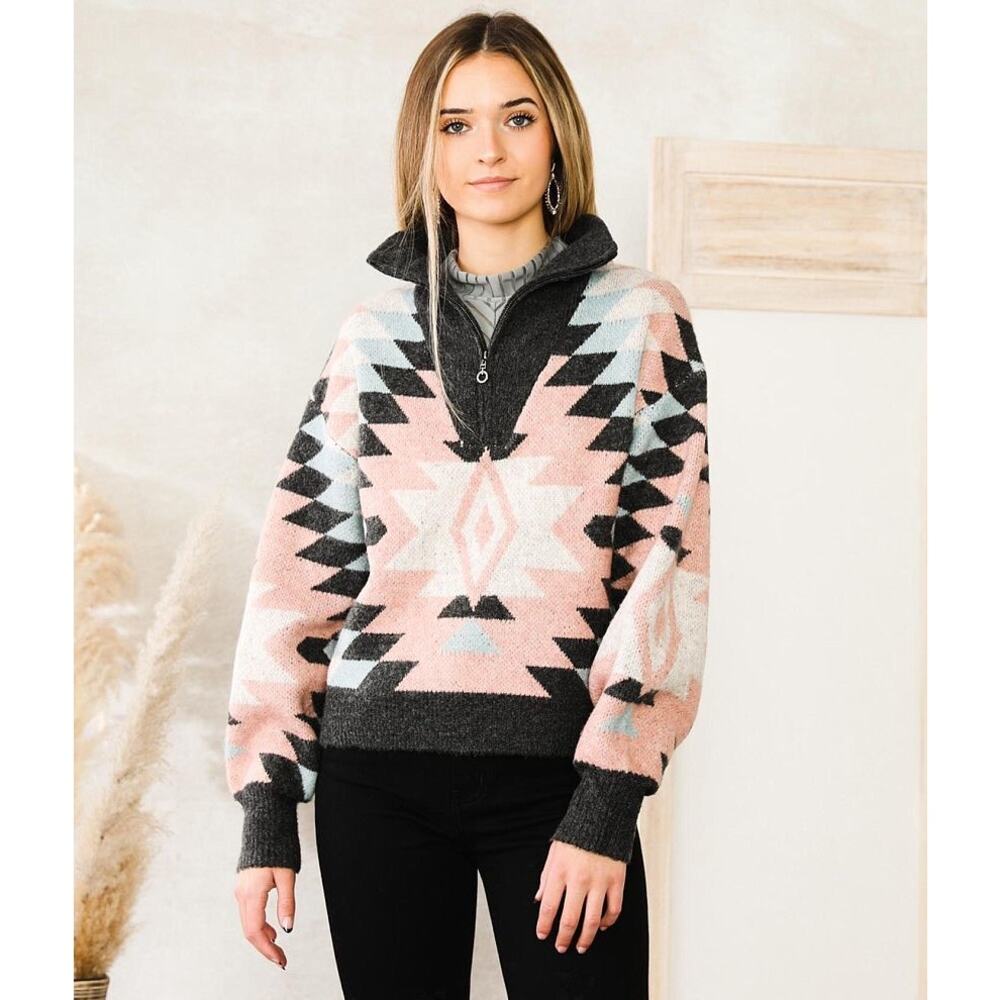 FIFTY NINE NINETY Brand Crop Aztec Quarter Zip Pullover PinkBlue Western Medium